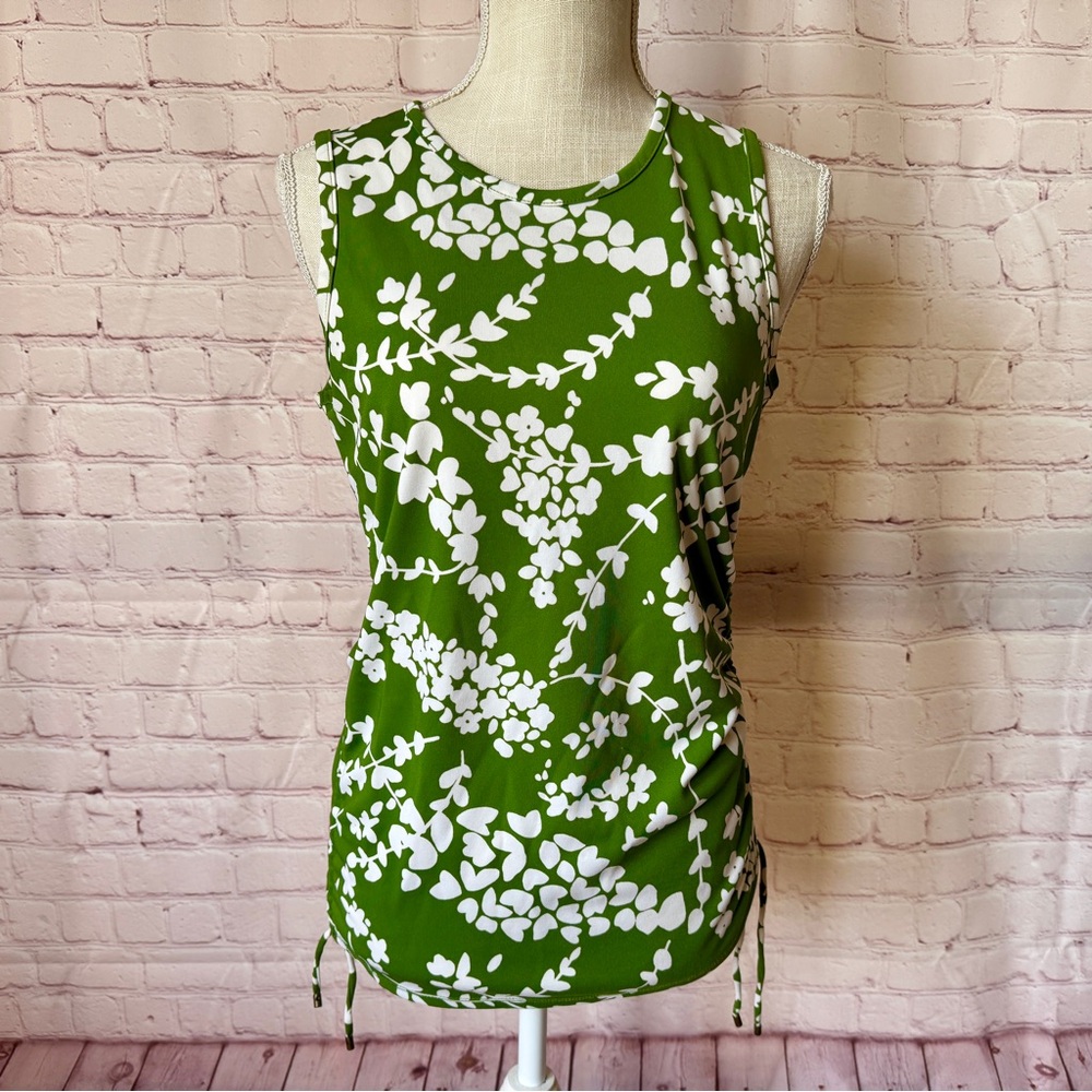 Michael Kors Top Sleeveless Kelly Green White Floral Side pull Scrunch Fitted M - Picture 2 of 11